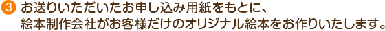 お送りいただいたお申し込み用紙をもとに、
　 絵本制作会社がお客様だけのオリジナル絵本をお作りいたします。