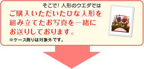 そこで！ 人形のウエダではご購入いただいたひな人形を
組み立てたお写真を一緒に
お送りしております。（注）ケース飾りは対象外です。